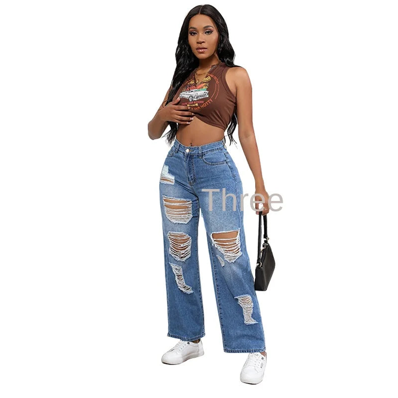 Jeans Rotos Cintura Alta — Vintage Recto Elástico Mujer 2025