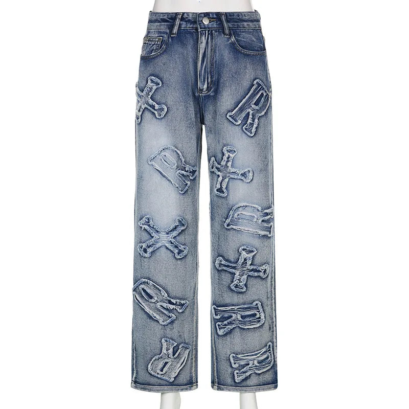 Jeans Bordados Sueltos Pierna Ancha — Estilo Retro Mujer
