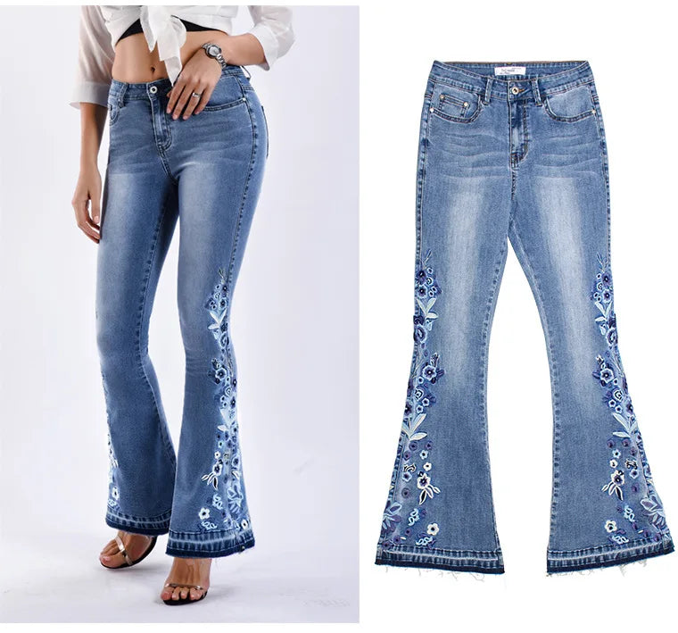 Jeans Acampanados Bordados — Cintura Alta Talla Grande Mujer
