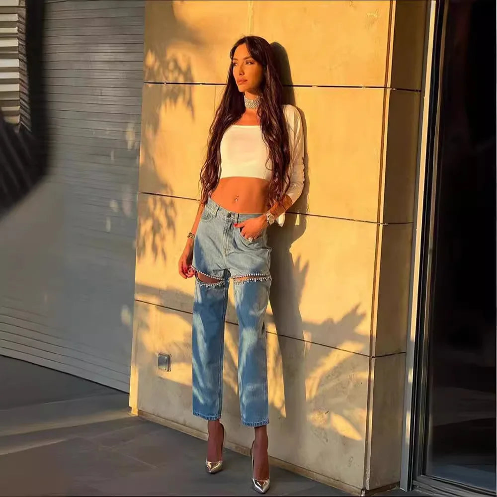 Jeans Rectos con Diamantes Azul — Casual Chic Mujer 2026