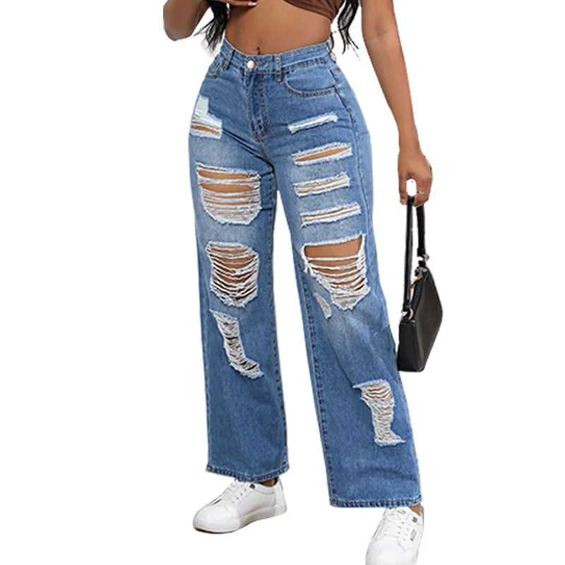 Jeans Rotos Cintura Alta — Vintage Recto Elástico Mujer 2025