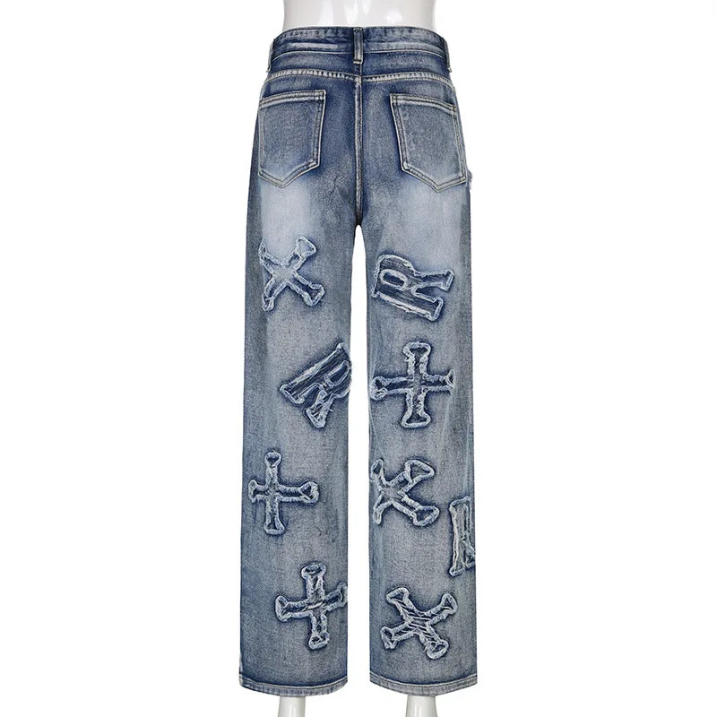 Jeans Bordados Sueltos Pierna Ancha — Estilo Retro Mujer