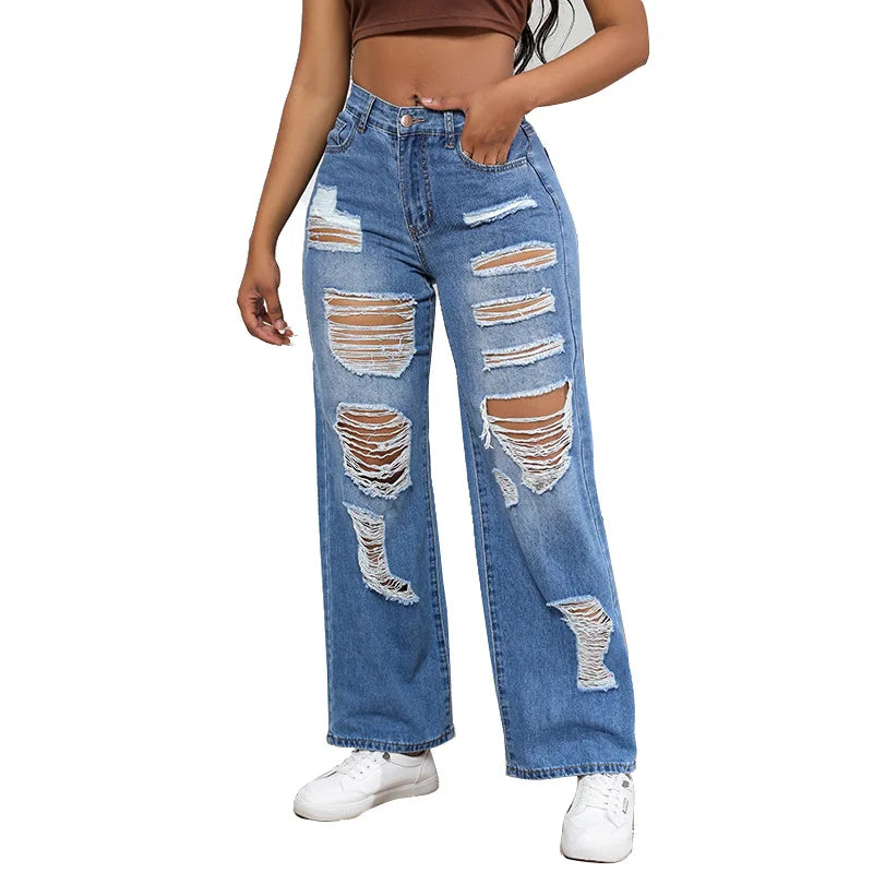 Jeans Rotos Cintura Alta — Vintage Recto Elástico Mujer 2025