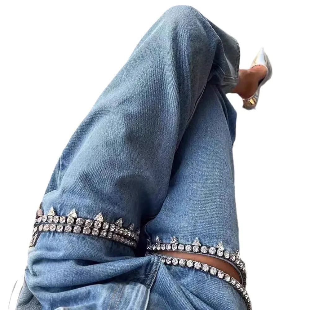 Jeans Rectos con Diamantes Azul — Casual Chic Mujer 2026
