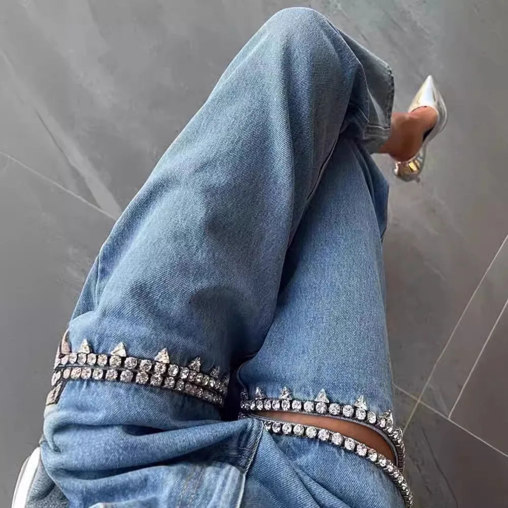 Jeans Rectos con Diamantes Azul — Casual Chic Mujer 2026