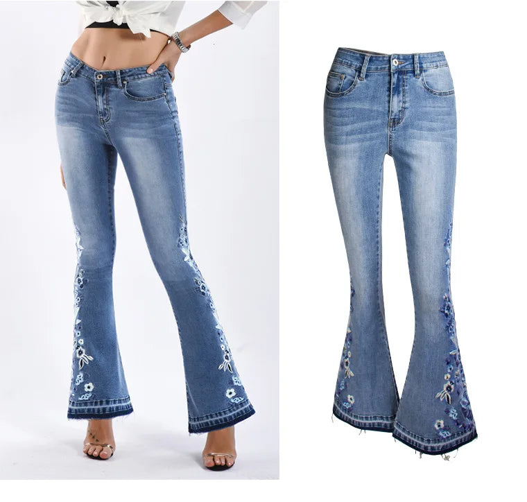 Jeans Acampanados Bordados — Cintura Alta Talla Grande Mujer