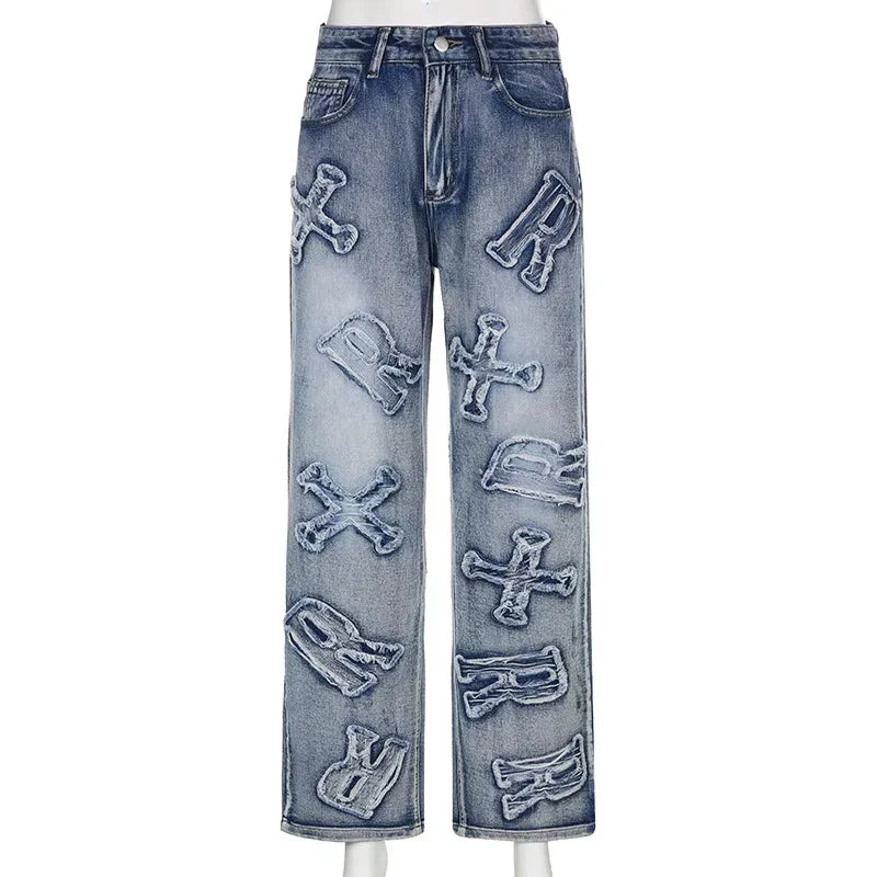 Jeans Bordados Sueltos Pierna Ancha — Estilo Retro Mujer