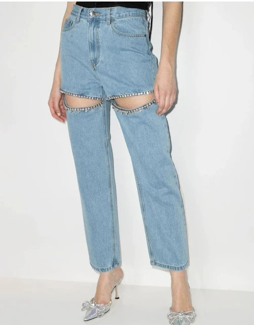 Jeans Rectos con Diamantes Azul — Casual Chic Mujer 2026