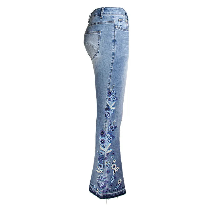 Jeans Acampanados Bordados — Cintura Alta Talla Grande Mujer