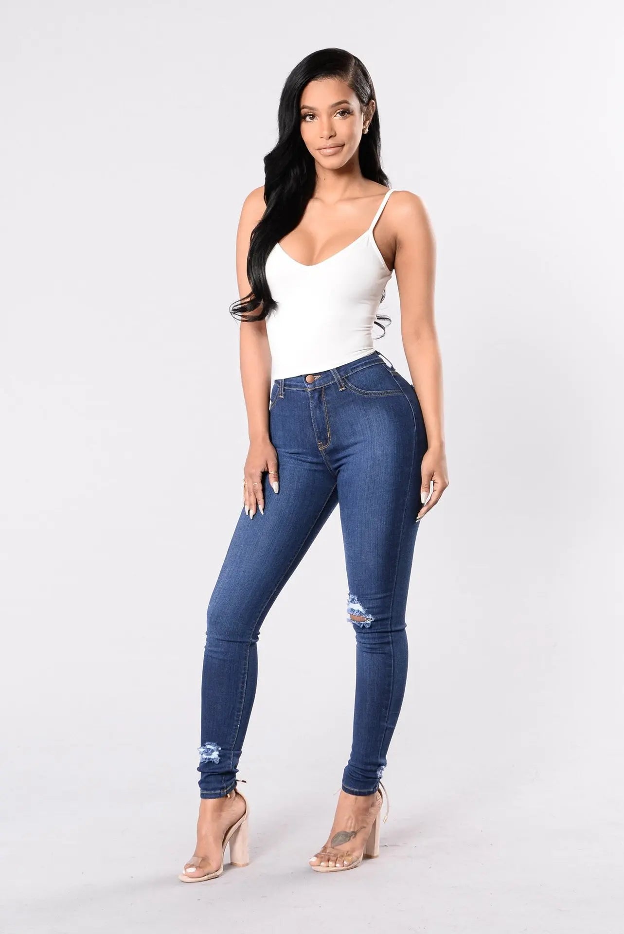 Jeans Skinny Rotos Slim — Leggings Denim Elásticos Mujer