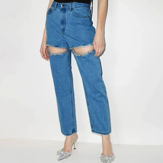 Jeans Rectos con Diamantes Azul — Casual Chic Mujer 2026
