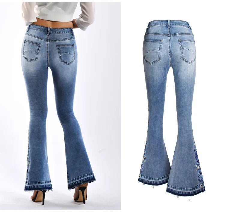 Jeans Acampanados Bordados — Cintura Alta Talla Grande Mujer
