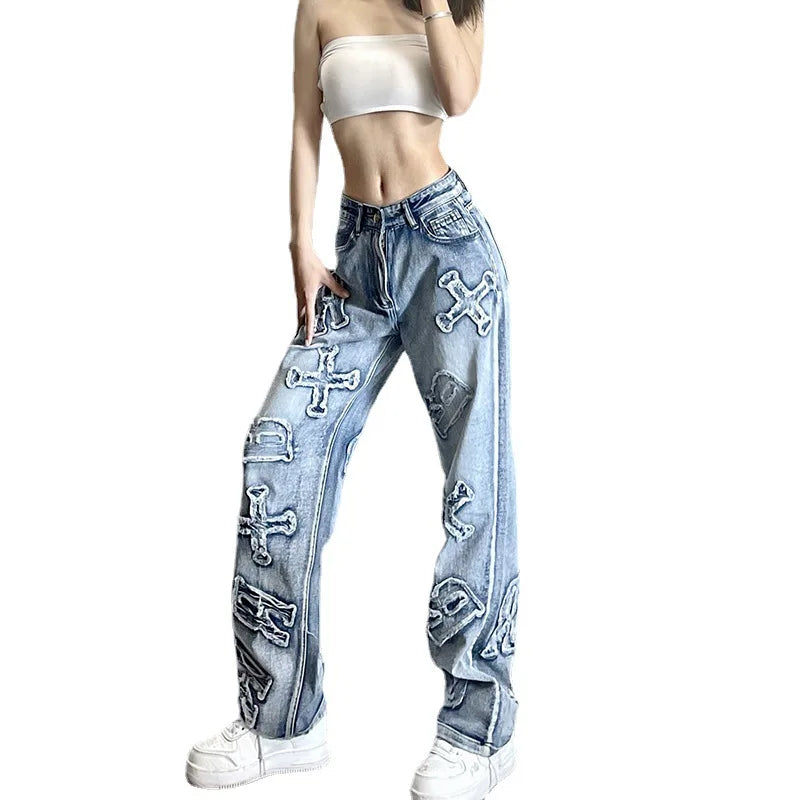 Jeans Bordados Sueltos Pierna Ancha — Estilo Retro Mujer