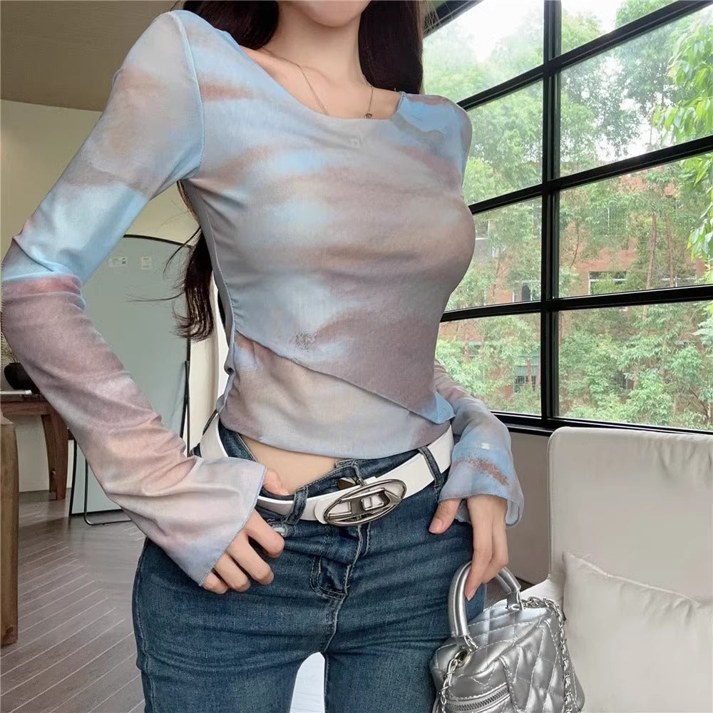 Camiseta Tie-Dye Falso Dos Piezas — Manga Larga Ombligo Hot Girl Mujer 2026