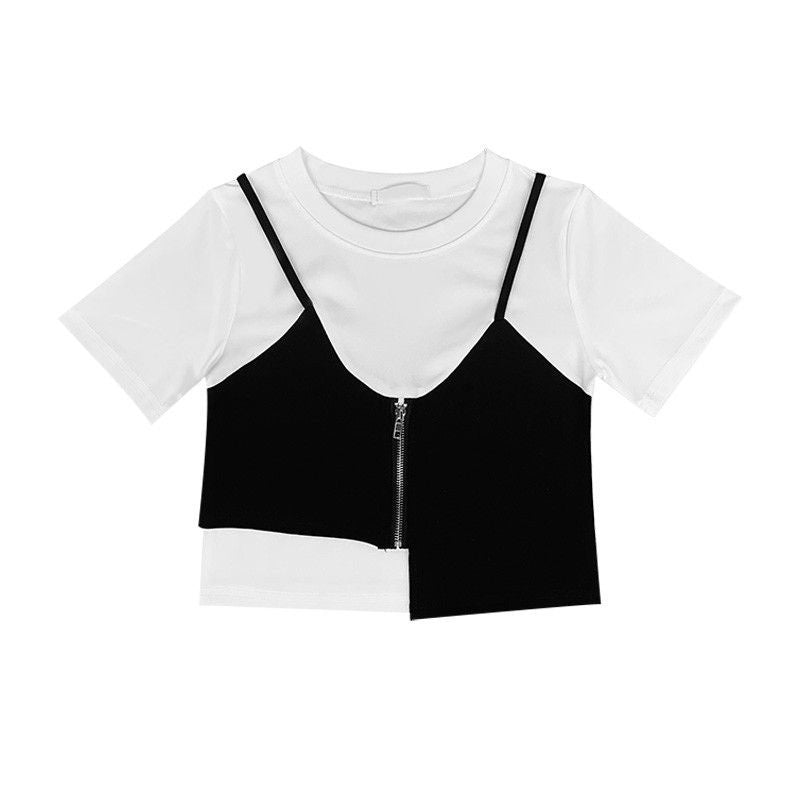 Camiseta Bicolor Falso Dos Piezas — Cremallera Manga Corta Mujer 2026