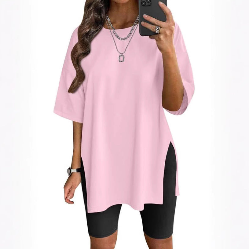 Camiseta Cuello Redondo Color Sólido con Abertura — Manga Corta Suelta Mujer 2026