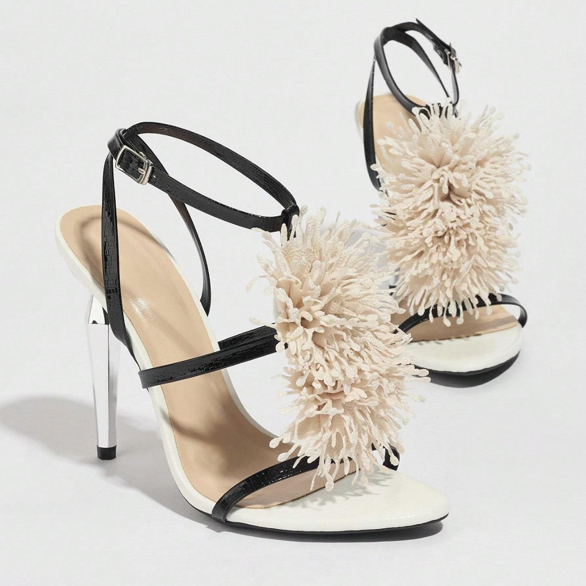 Sandalias Stiletto Floral Electroplated | Punta Redonda | Tacón Alto Mujer
