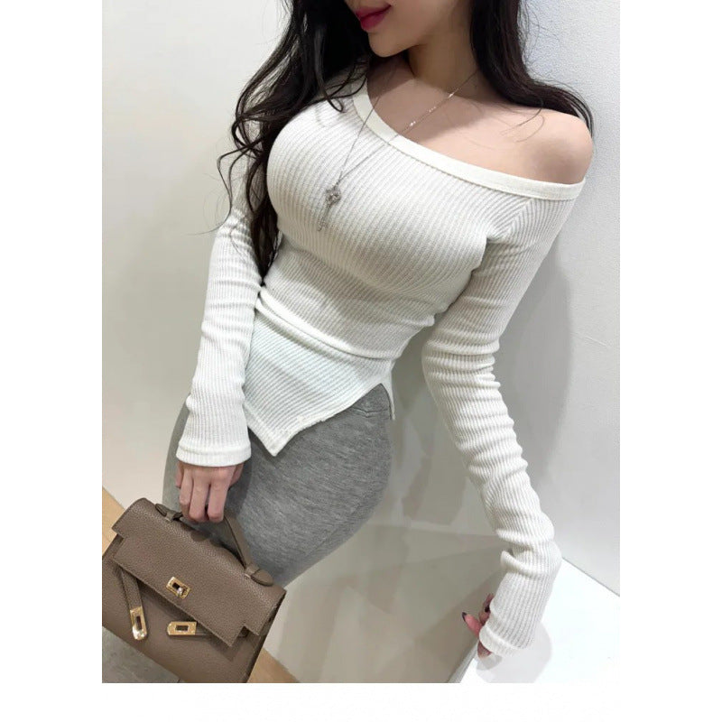 Camiseta Cuello Split Hombro — Manga Larga Slim Fit Mujer 2026