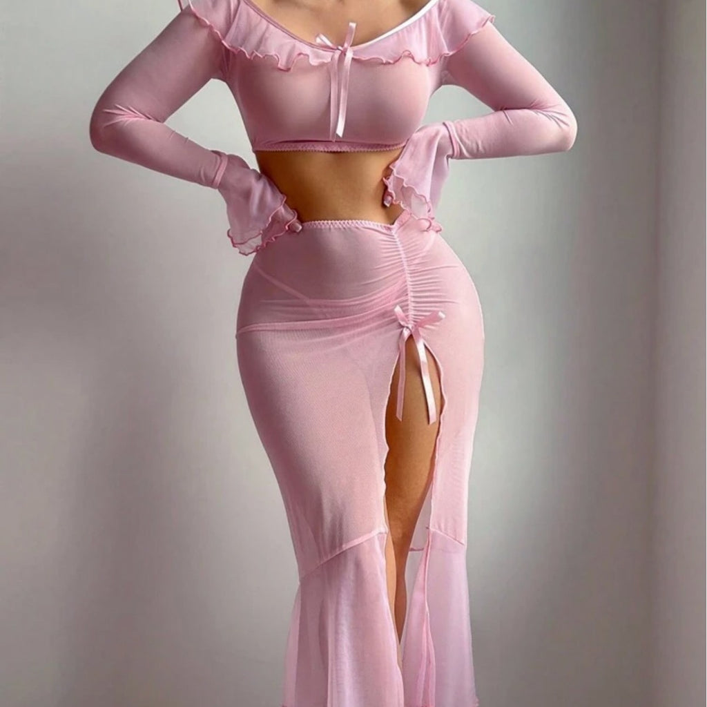 Sexy Ruffled Lace-Up Mesh Long-Sleeve Lingerie Set – Slim Fit Home Wear