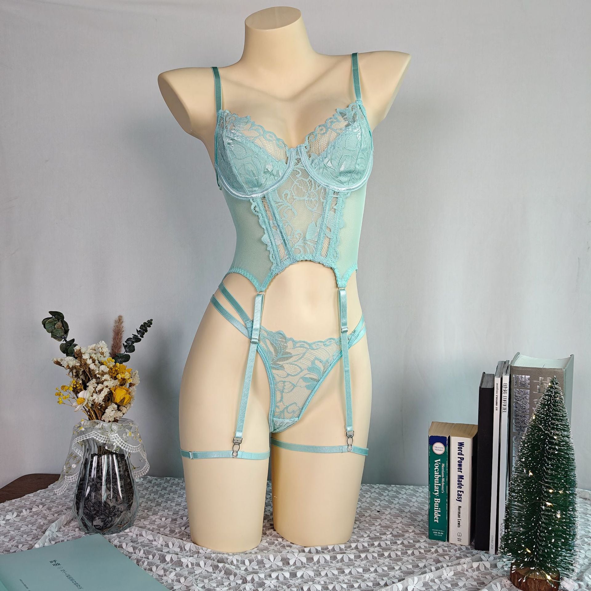 Embroidery Mesh Lingerie Bra Set – Push-Up Flirt Thong Suit