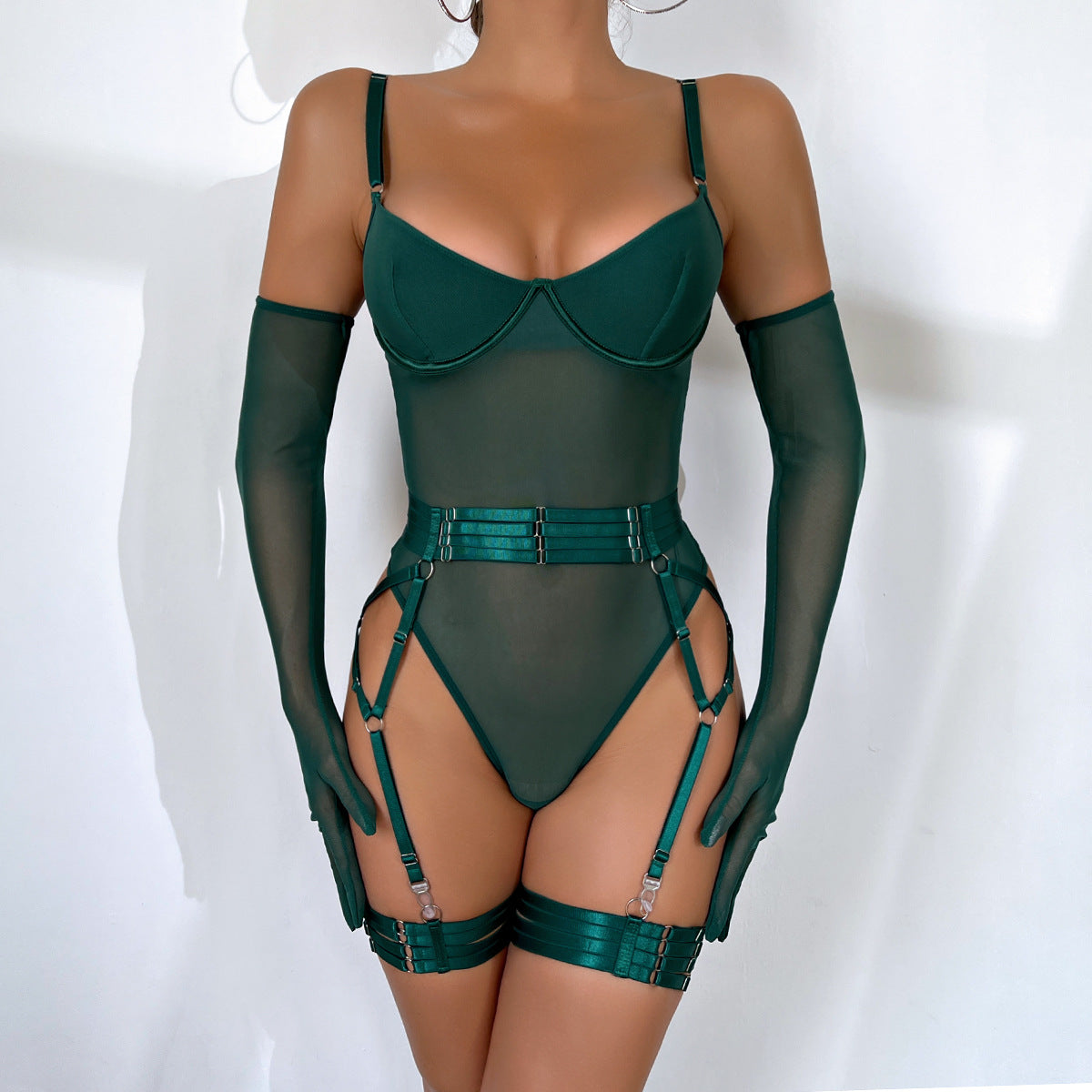 Sexy Lace Strap Lingerie Set with Gloves – 3-Piece Slim Fit