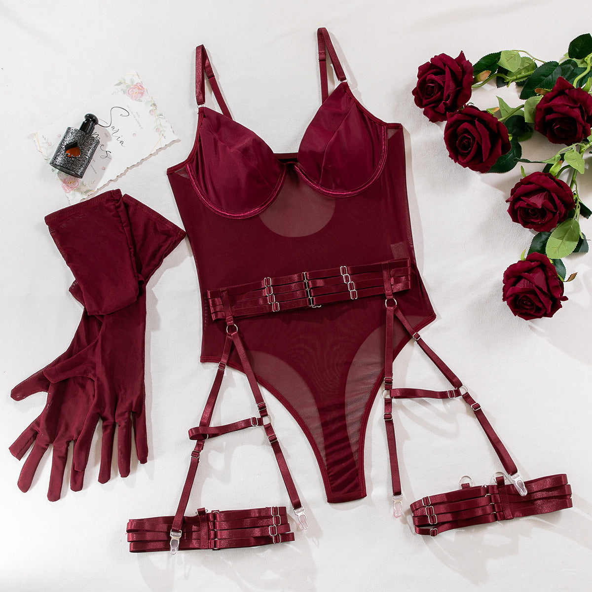 Sexy Lace Strap Lingerie Set with Gloves – 3-Piece Slim Fit