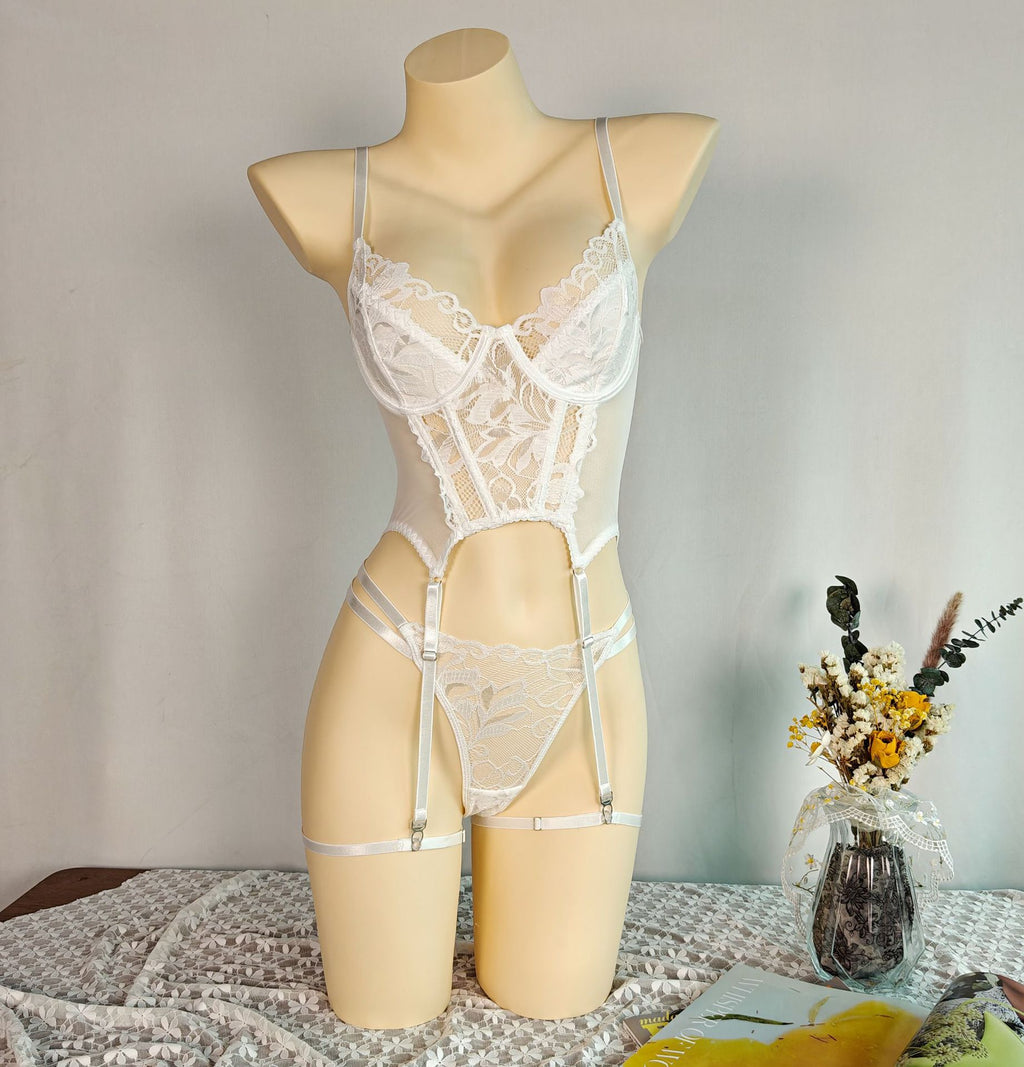 Embroidery Mesh Lingerie Bra Set – Push-Up Flirt Thong Suit