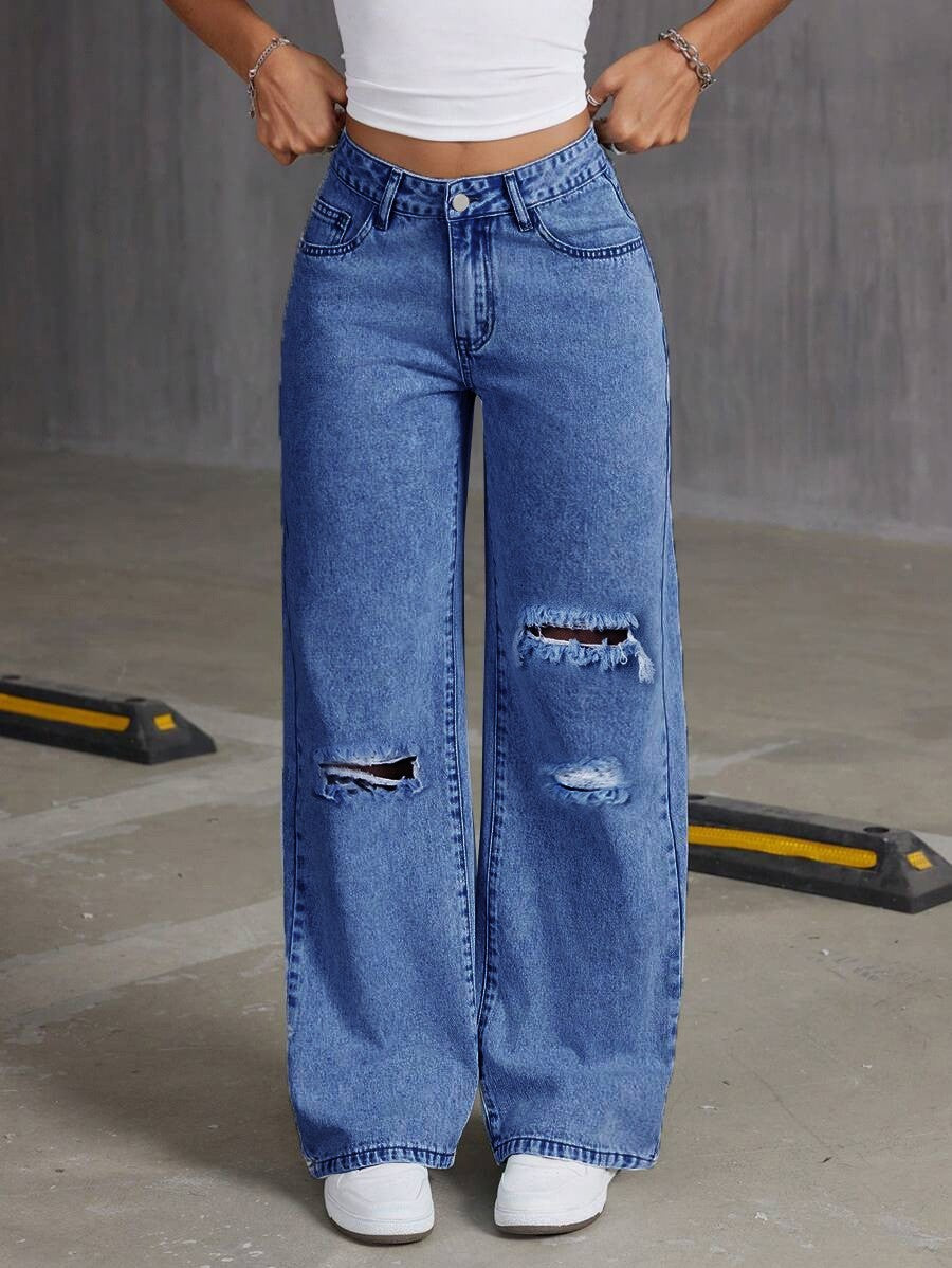Jeans Wide Leg Azul Claro Lavado — Sueltos Color Puro Mujer 2026