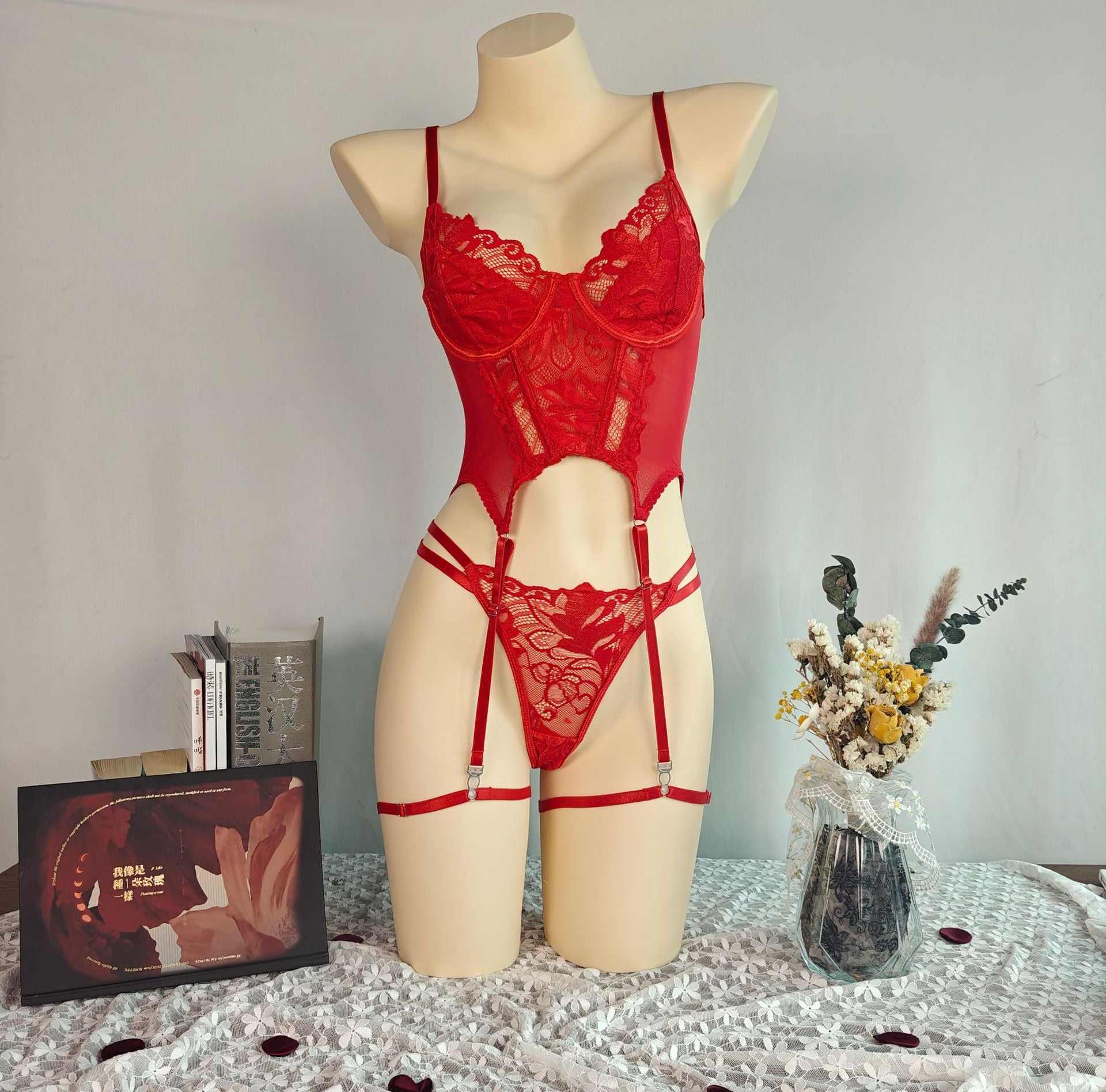Embroidery Mesh Lingerie Bra Set – Push-Up Flirt Thong Suit