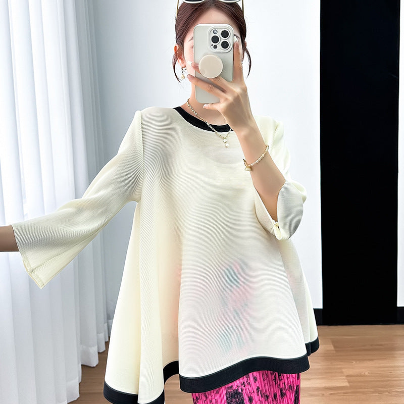 Camiseta Plisada Miyake Manga 3/4 — Irregular Lazy Hem Mujer Verano 2026