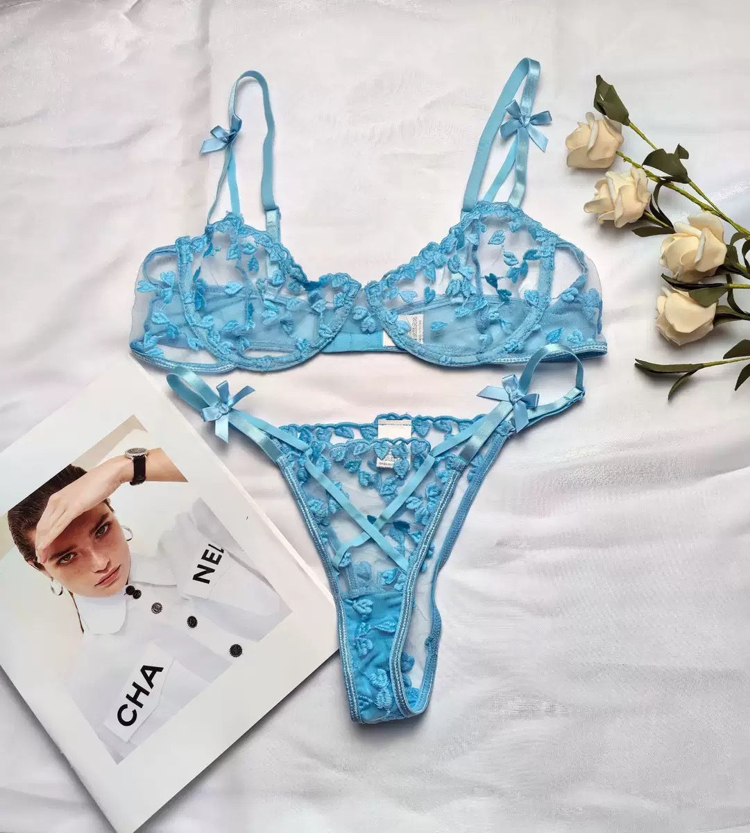 Heart Embroidery Mesh See-Through Lingerie Set – Bow Detail