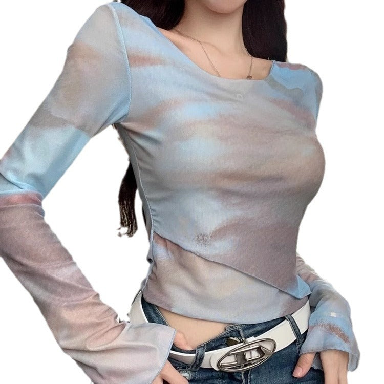 Camiseta Tie-Dye Falso Dos Piezas — Manga Larga Ombligo Hot Girl Mujer 2026