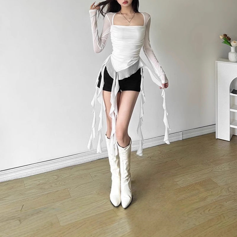 Camiseta Volantes Hombro Asimétrico — Slim Sexy Hot Girl Mujer Otoño 2026