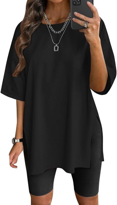 Camiseta Cuello Redondo Color Sólido con Abertura — Manga Corta Suelta Mujer 2026