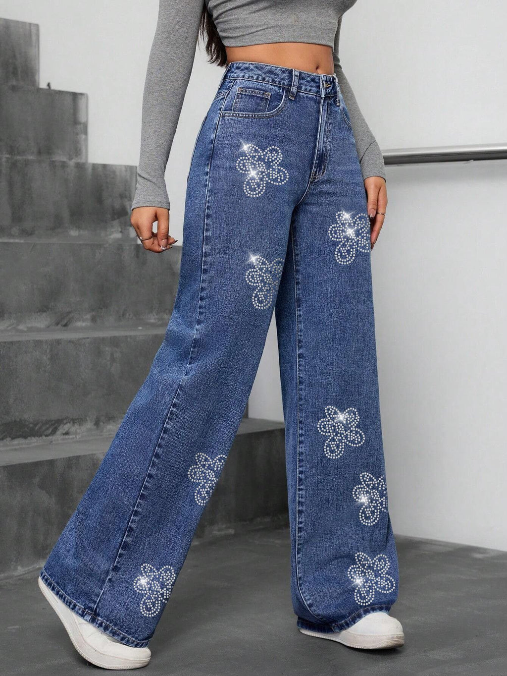 Jeans Rectos Floral Rhinestone — Pierna Recta Streetwear Mujer 2026