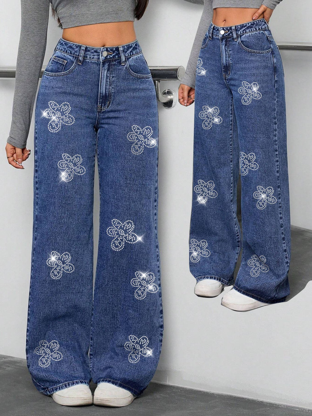 Jeans Rectos Floral Rhinestone — Pierna Recta Streetwear Mujer 2026