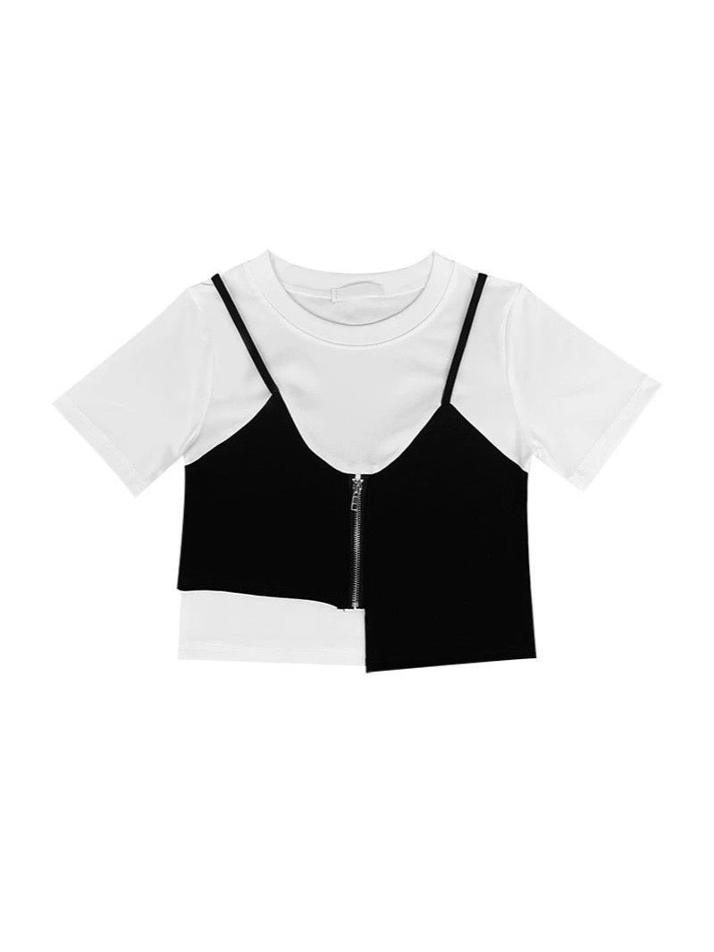 Camiseta Bicolor Falso Dos Piezas — Cremallera Manga Corta Mujer 2026