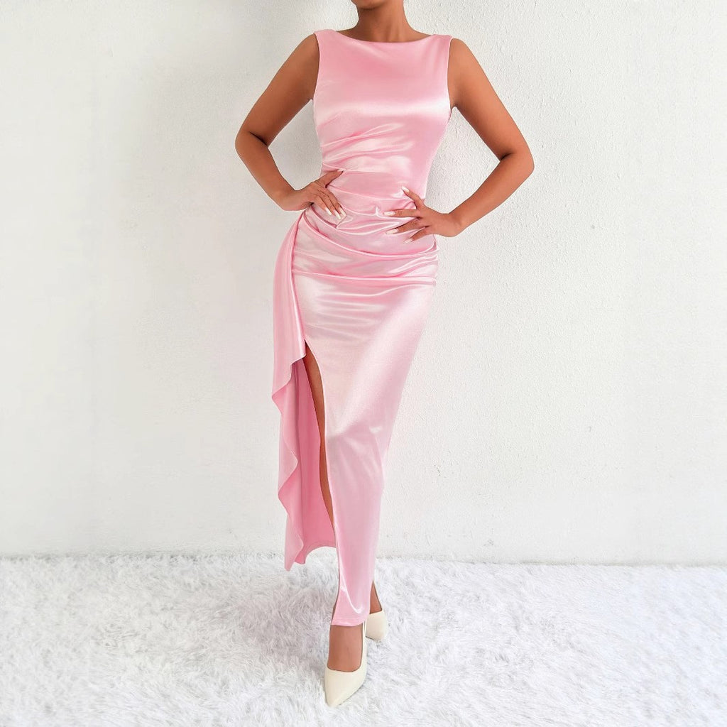 Vestido Largo Irregular con Abertura Alta y Espalda Descubierta