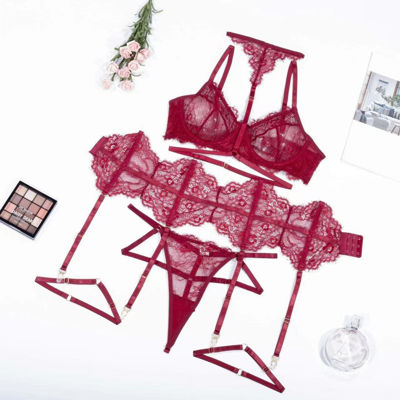 Lace Eyelash Halter Lingerie Set with Socks – Sexy 3-Piece