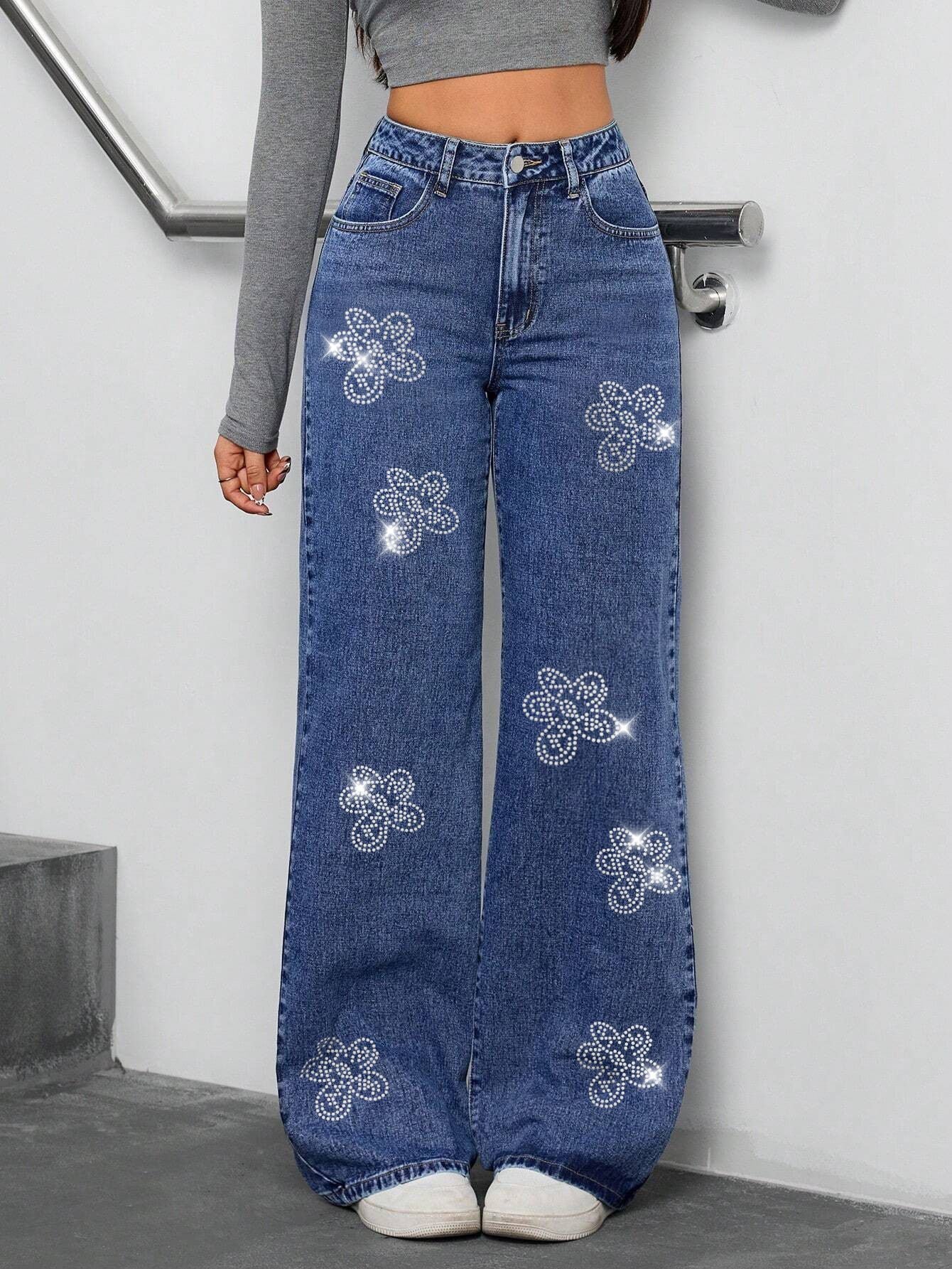 Jeans Rectos Floral Rhinestone — Pierna Recta Streetwear Mujer 2026