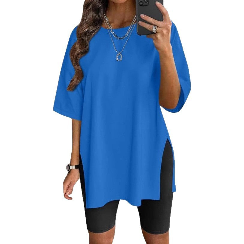 Camiseta Cuello Redondo Color Sólido con Abertura — Manga Corta Suelta Mujer 2026