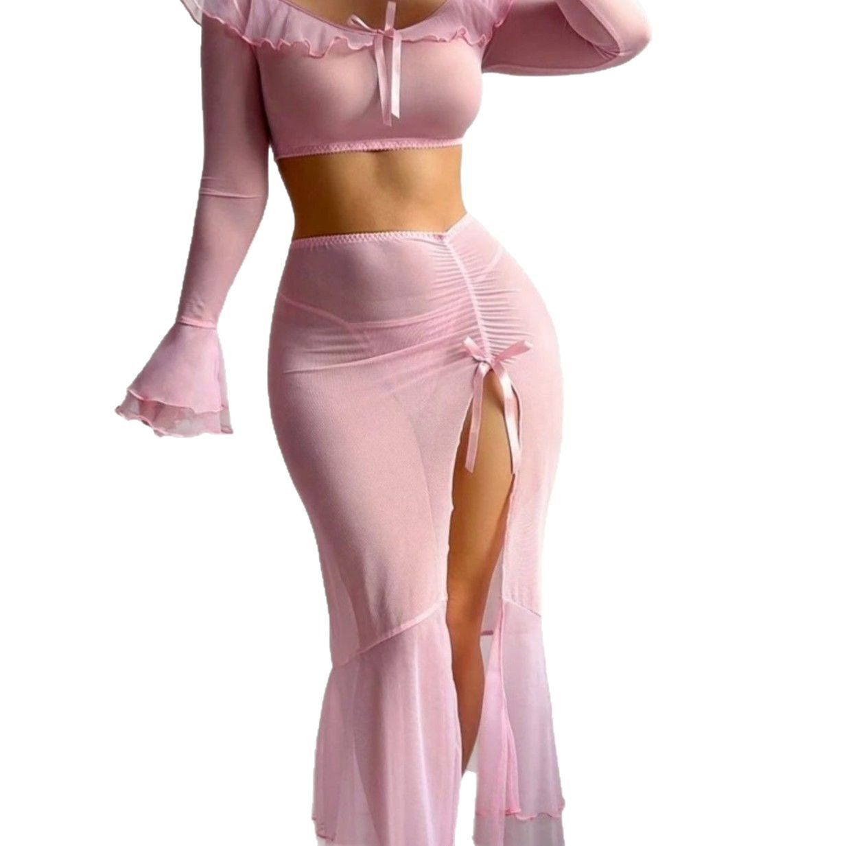 Sexy Ruffled Lace-Up Mesh Long-Sleeve Lingerie Set – Slim Fit Home Wear