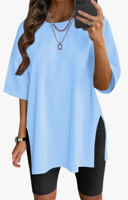 Camiseta Cuello Redondo Color Sólido con Abertura — Manga Corta Suelta Mujer 2026