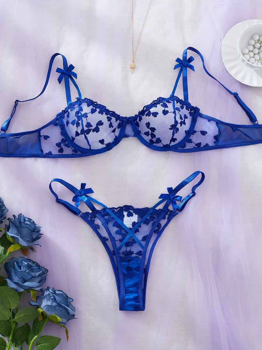 Heart Embroidery Mesh See-Through Lingerie Set – Bow Detail