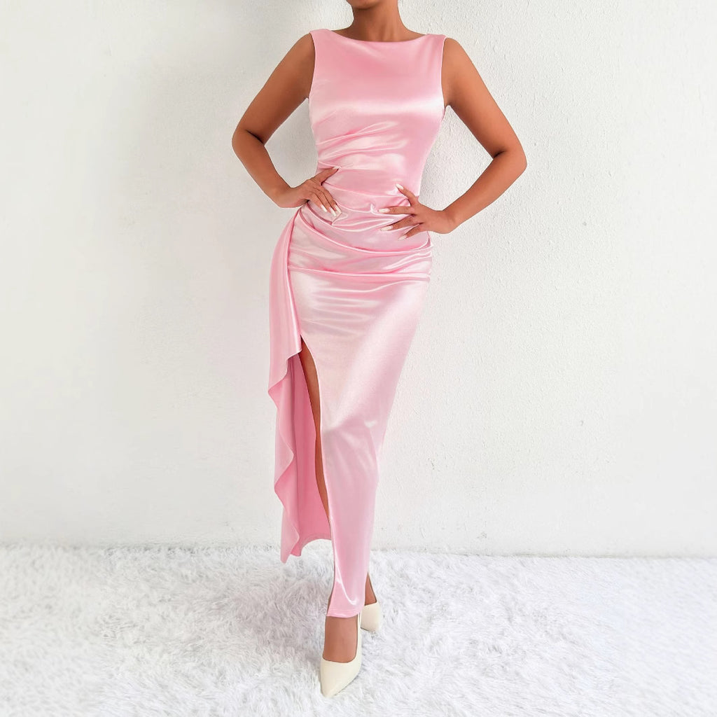 Vestido Largo Irregular con Abertura Alta y Espalda Descubierta