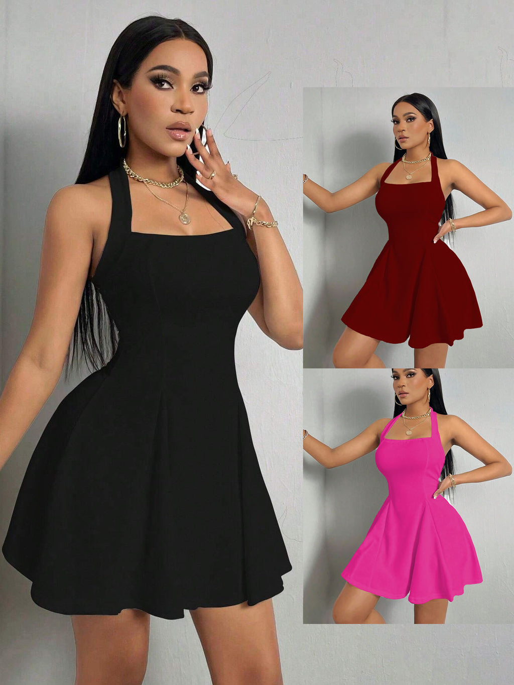 Vestido Corto Estilo Y2K con Cuello Halter y Falda Acampanada