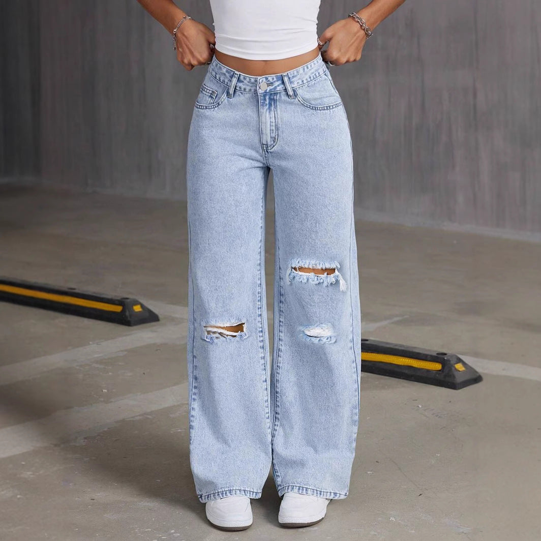 Jeans Wide Leg Azul Claro Lavado — Sueltos Color Puro Mujer 2026
