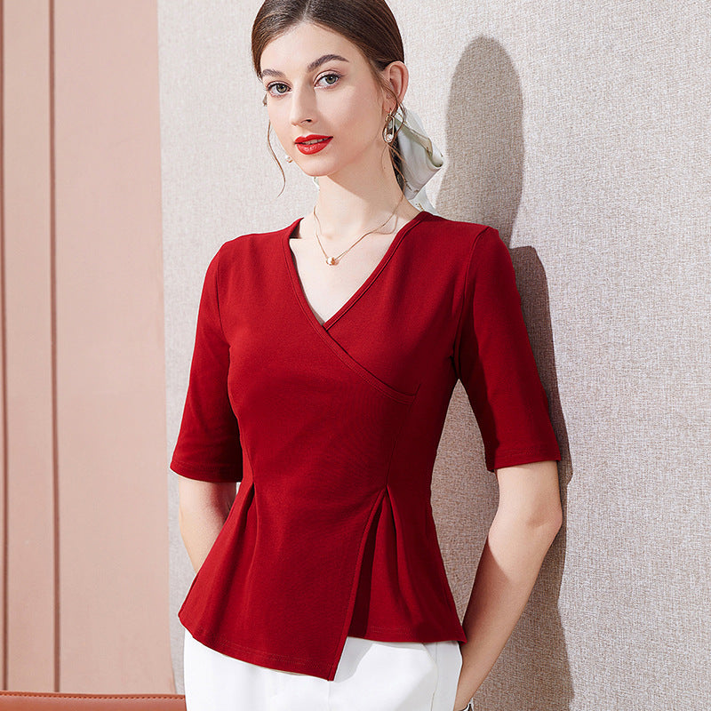 Camiseta Cuello V Irregular Cintura Marcada — Manga Media Niche Mujer 2026