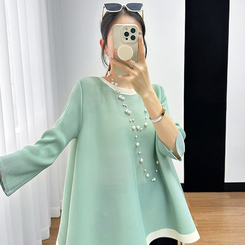 Camiseta Plisada Miyake Manga 3/4 — Irregular Lazy Hem Mujer Verano 2026