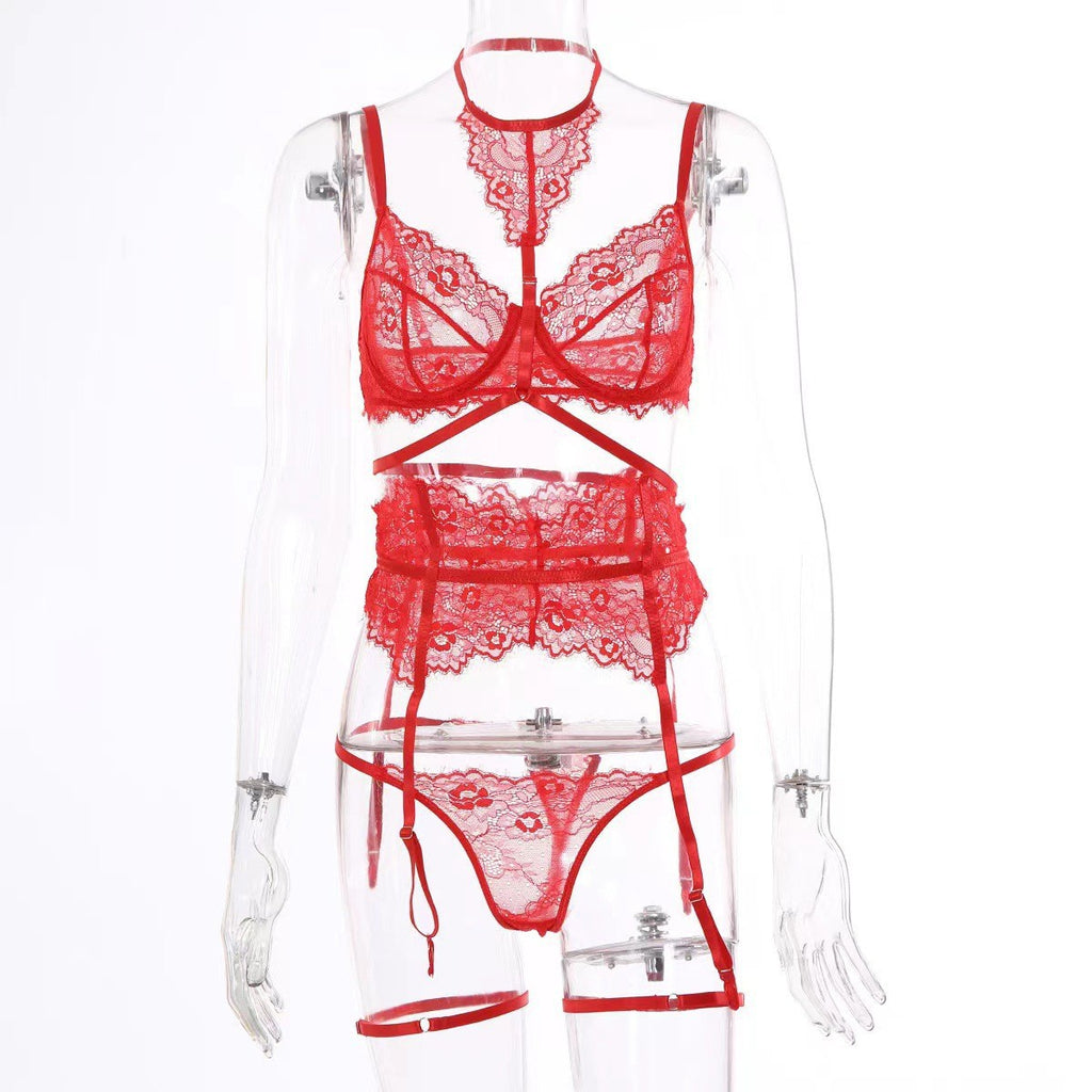 Lace Eyelash Halter Lingerie Set with Socks – Sexy 3-Piece